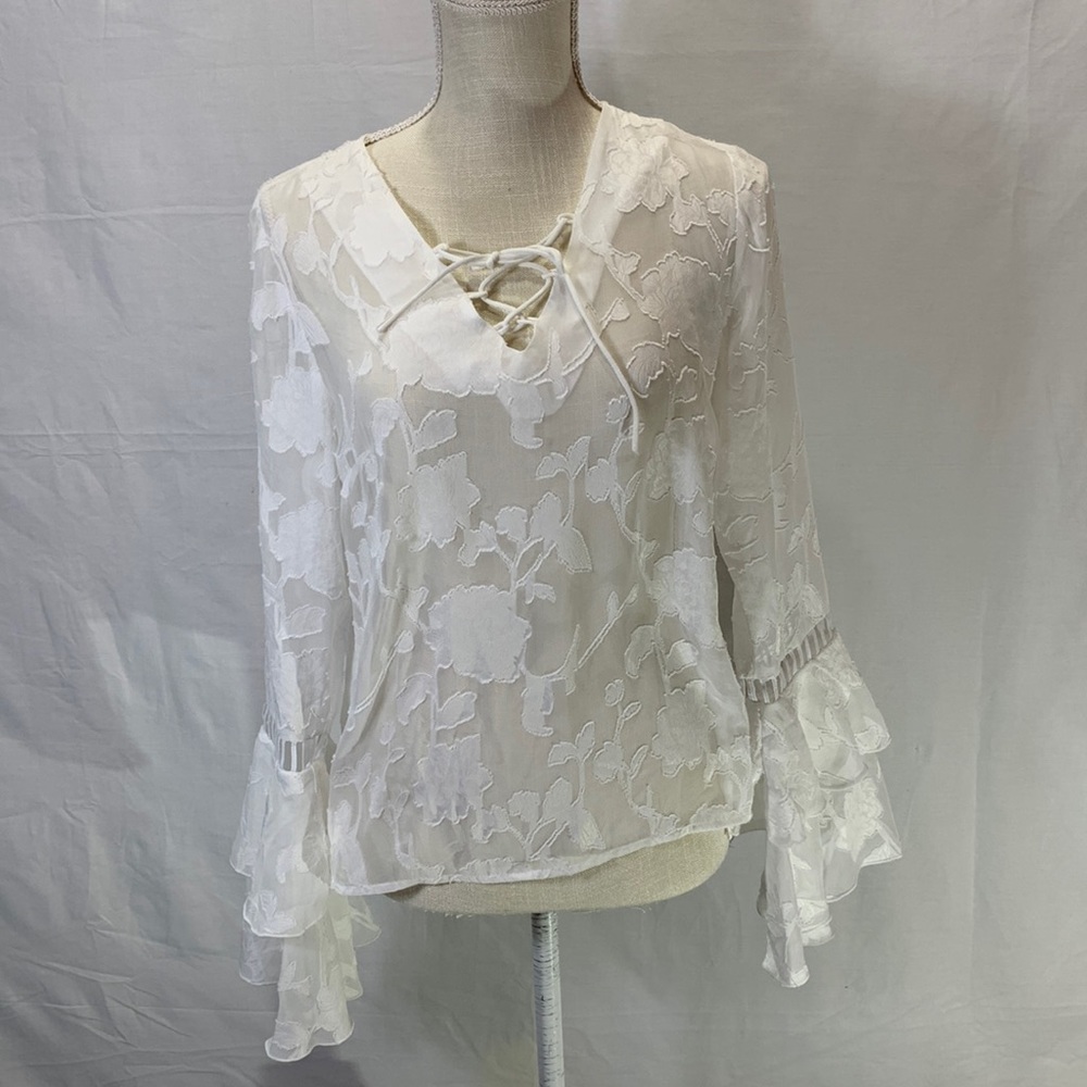 OneHart NWT Floral Print Sheer Long Sleeve White Blouse Size M